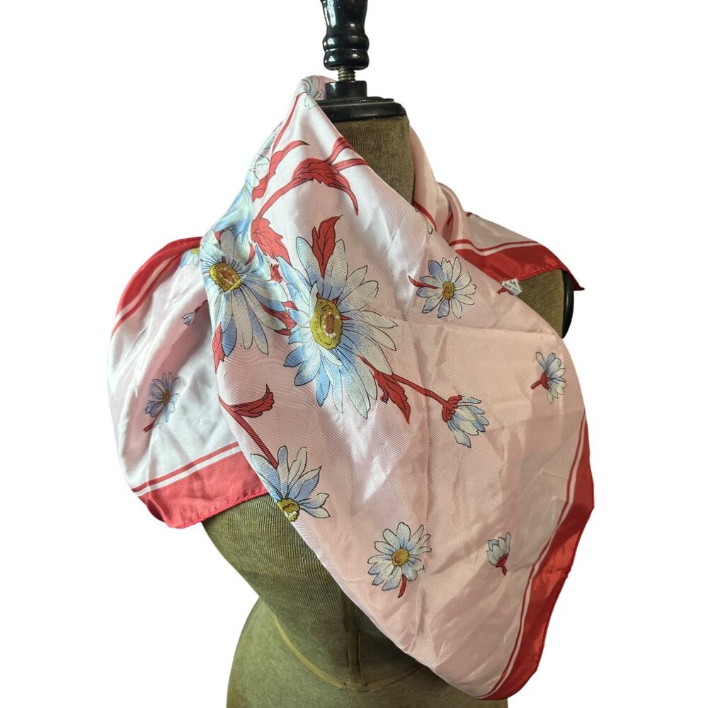 Vintage Floral Print Acetate Scarf Red & White Made In Japan 26x26